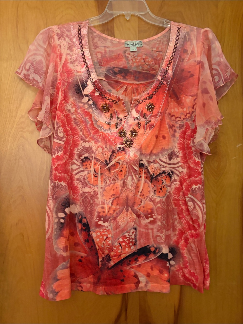 live and let live Coral Pink Floral Beaded V-Neck Blouse